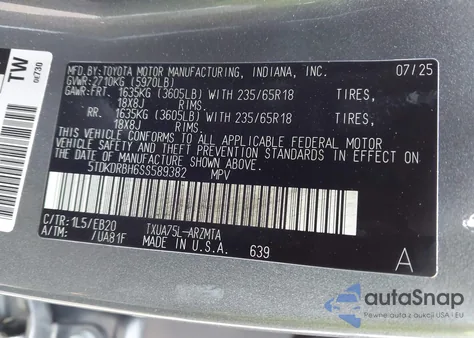 2025 Toyota Highlander Xle из США, поврежденный, VIN 5TDKDRBH6SS589382